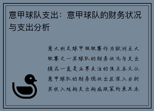 意甲球队支出：意甲球队的财务状况与支出分析
